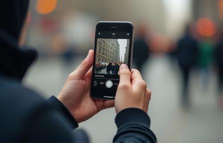 Person recording video with a smartphone, demonstrating mobile journalism.