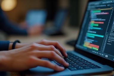Person working on a laptop, showing digital journalism techniques and platforms.
