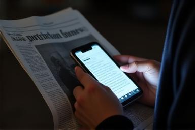 Person reading newspaper and comparing with digital content, symbolizing media literacy.